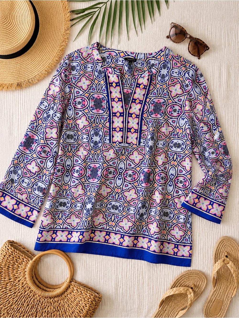 💙💗Talbots Large Cotton Tunic Top Blue Pink Medallion Print Beach Cover Up💗💙